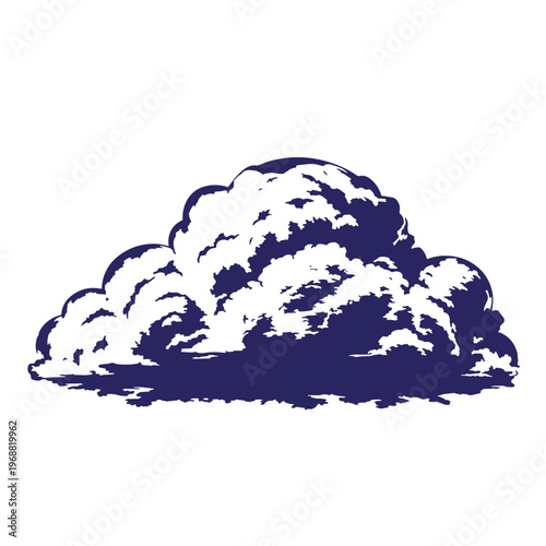 Single fluffy cumulus cloud with dark blue shadows and white highlights isolated on a white background for weather and sky