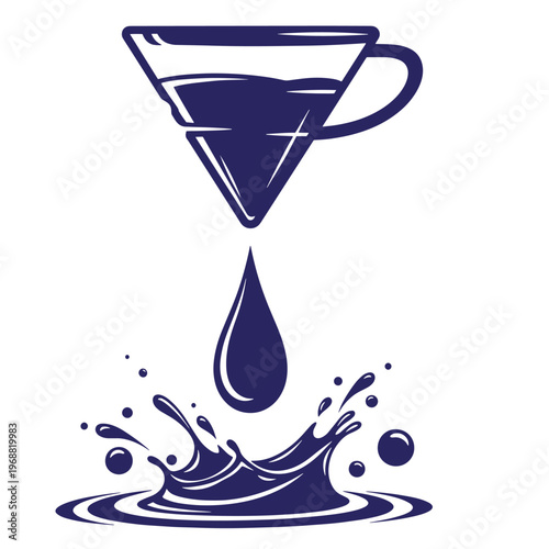 Dark blue of a coffee dripper cone with a single liquid drop falling into a splashing pool of coffee isolated on a white background