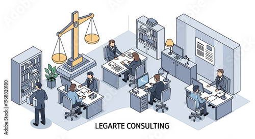 Law firm office interior with legal scales and people working.