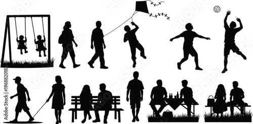 Diverse group of people and families enjoying various outdoor leisure activities in a park, including swinging, kite flying, volleyball, walking, and picnicking, depicting joyful recreation.