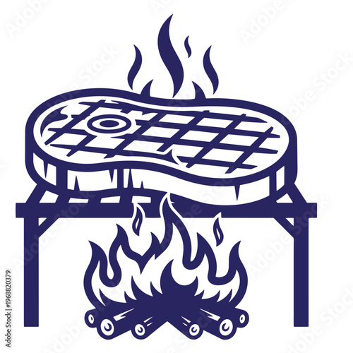 Dark blue of a raw steak with grill marks cooking over an open campfire with flames and wooden logs on a white background
