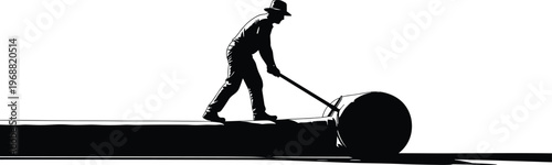 Striking black and white vector silhouette of a determined man in a hat pushing a heavy road roller, symbolizing hard work and industrial construction.
