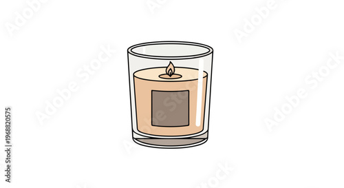 Illustration of a lit candle in a clear glass jar with a brown label on a white background