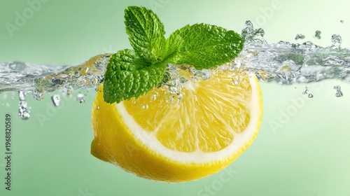 Fresh lemon slice and mint leaves splashing in clear water on light green background