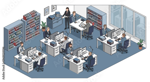 Modern office interior with busy employees working at desks.