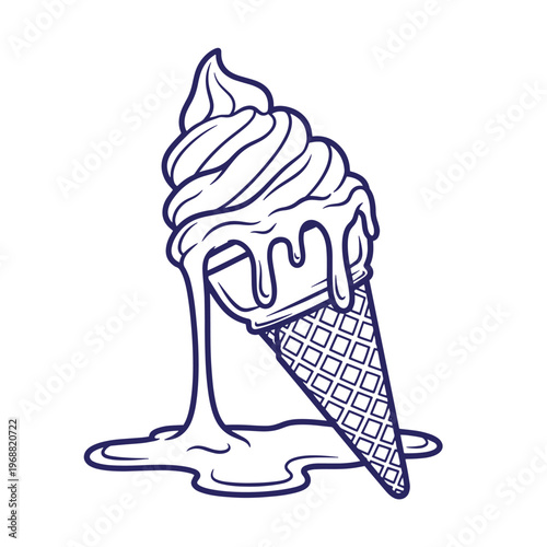 Dark blue outline of a melting soft serve ice cream cone with a waffle texture pattern dripping onto a flat surface isolated on a white background