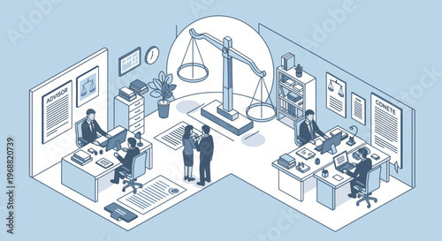 Law office interior with scales of justice and busy professionals working.