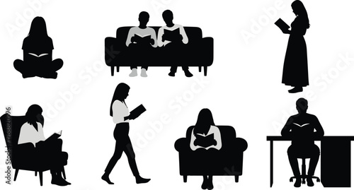 Set of black silhouettes showing diverse people reading books in various postures and settings, including sitting, standing, and walking.