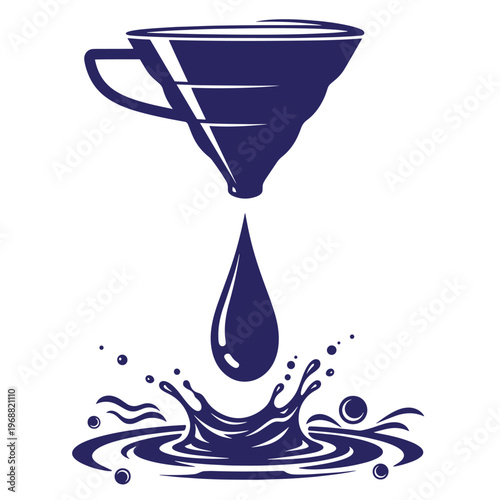 Dark blue silhouette of a coffee dripper cone dripping a single liquid drop into a splashing pool of coffee or water isolated on a white background