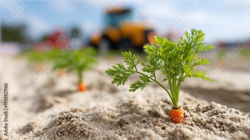 Young carrot plants in sandy soil with tractor in background on sunny day