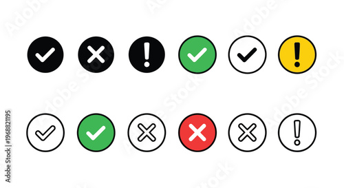 Visual representation of various symbols indicating approval, disapproval, and alerts Vector