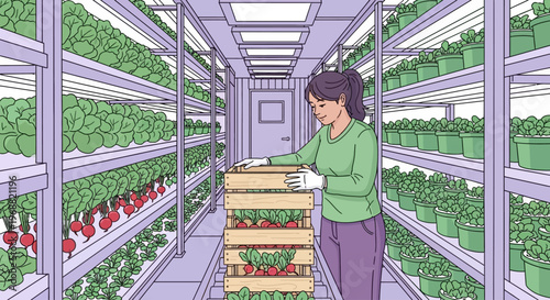 Woman inspecting plants on shelves in an indoor greenhouse setting with crates