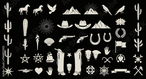 Western themed icons featuring cactus, horseshoe, and cowboy hat on black