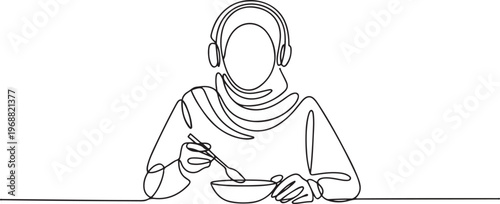 person wearing headphones and a hijab, sitting at a table and eating from a bowl with utensils, symbolizing modern lifestyle and inclusivity. one line art icon drawing vector