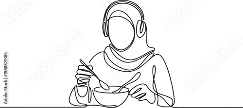 person wearing headphones and a hijab, sitting at a table and eating from a bowl with utensils, symbolizing modern lifestyle and inclusivity. one line art icon drawing vector