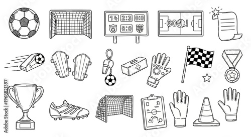 The soccer stadium scene features a goal net, trophy, and various sports equipment on display in a sports field with a referee's card.