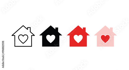 Four stylized house icons with hearts representing love and home themes Vector