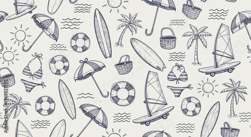 Summer beach scene with sailboats, umbrellas, and palm trees illustrations