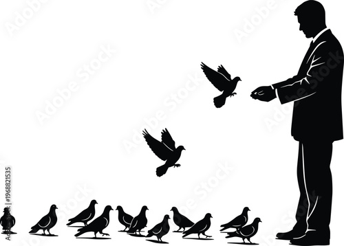 Silhouette of a man feeding pigeons in a park, with birds flying and gathered on the ground, depicting a peaceful urban wildlife interaction scene.