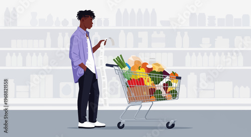 Man shopping with a cart full of groceries in a store aisle