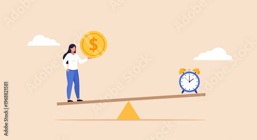 A woman balances a coin and an alarm clock on a seesaw outdoors.