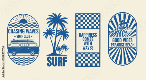 Vibrant surf club designs featuring waves and palm trees on a beach