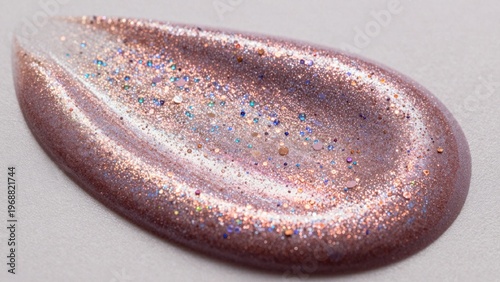 Close-up macro shimmering oval-shaped nail polish has gradient effect transitioning light pink base warm coppe