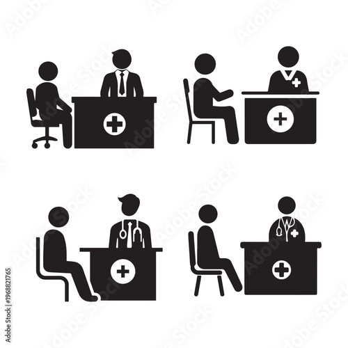 Doctor and Patient Consultation Icons, Medical Examination Pictogram Set