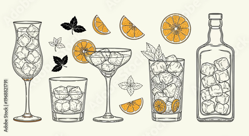 Illustration of various glasses and a bottle with ice and oranges on a table