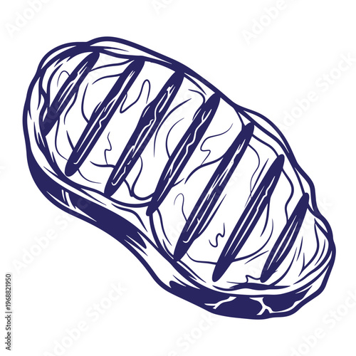 Hand drawn of a grilled beef steak piece with dark blue outlines and charcoal grill marks on a white background