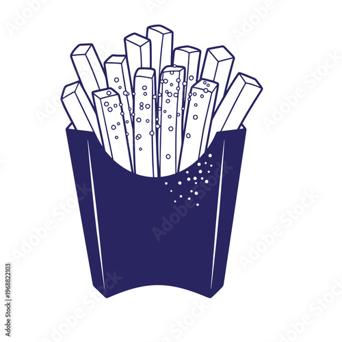 Of a portion of french fries in a dark blue paper carton with small circular salt grains scattered on the potato sticks isolated on a white background