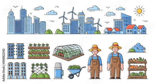 Urban farmers cultivate sustainable city garden with greenhouse and tools