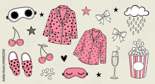 A cozy night in with pajamas, slippers, and snacks for a relaxing evening