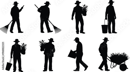 Silhouettes of a male gardener or farmer performing various outdoor tasks: raking, carrying plants, pushing a wheelbarrow.