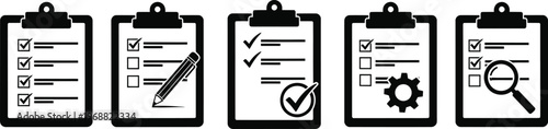 Black and white clipboard with checklists and verification symbols clipboards checkmarks pencil