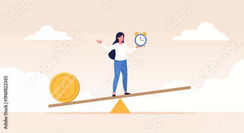 A woman balances on a seesaw with a coin and a circular object in a whimsical scene.