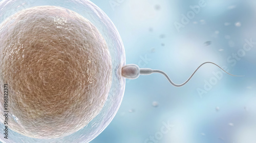 Sperm cell approaching ovum for fertilization, microscopic view of reproductive process, detailed biological concept with soft blue background and cellular texture