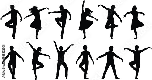 Dynamic silhouettes of diverse male and female dancers in various graceful and expressive poses, illustrating the beauty of ballet and contemporary dance.
