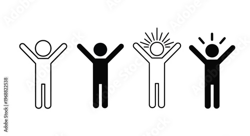 Four stylized stick figures expressing joy and positivity with arms raised Vector