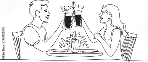 Single continuous line drawing couple toasting healthy juice drinks together at restaurant. Detox smoothie drink toast at summer holidays. one line art icon drawing vector