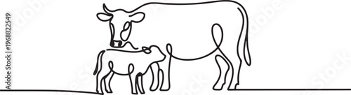 Mother and baby cattle love symbol single stroke outline art isolated. one line Icon drawing
