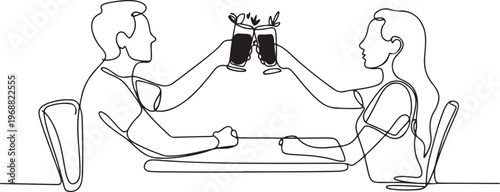 Single continuous line drawing couple toasting healthy juice drinks together at restaurant. Detox smoothie drink toast at summer holidays. one line art icon drawing vector