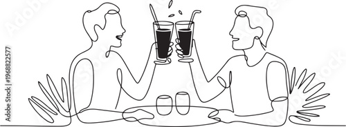 Single continuous line drawing couple toasting healthy juice drinks together at restaurant. Detox smoothie drink toast at summer holidays. one line art icon drawing vector