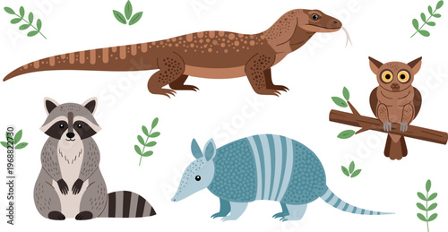 Wildlife Animal Set Featuring Raccoon Lizard Owl Armadillo and Geckos with Leaves in Flat Style Vector Illustration for Nature and Forest Design