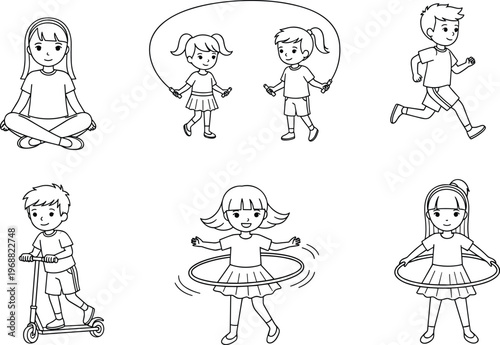 Cheerful children engaging in diverse physical activities: jump rope, running, scootering, hula hooping, and sitting, promoting active, healthy childhood.