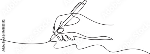 Obraz na plátně Hand holding pen writing signature on blank paper with ink splatter