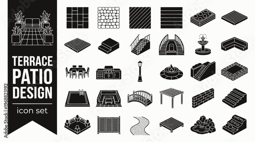 Terrace Patio Design Bold Line Icons-Porcelain Paving Large Format Natural Limestone Composite Decking Concrete Pad Resin Bound Raised Terrace Built-In Bench-15 Terrace Design Icon Set Vector - Patio