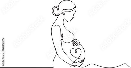 Pregnant woman in profile with ultrasound scan showing baby outline and heartbeat line