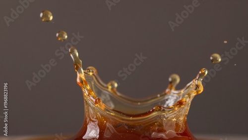 High-resolution featuring close-up liquid splash appears honey syrup golden-brown hue smooth glossy texture ce