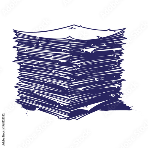 A hand drawn of a tall stack of messy paper sheets rendered in a dark blue ink style on a white background with rough edges and distressed texture details